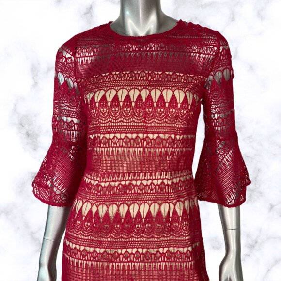 Cooper St Red Crochet Lace Dress Bell Sleeve Knee Length 4 - Picture 4 of 7